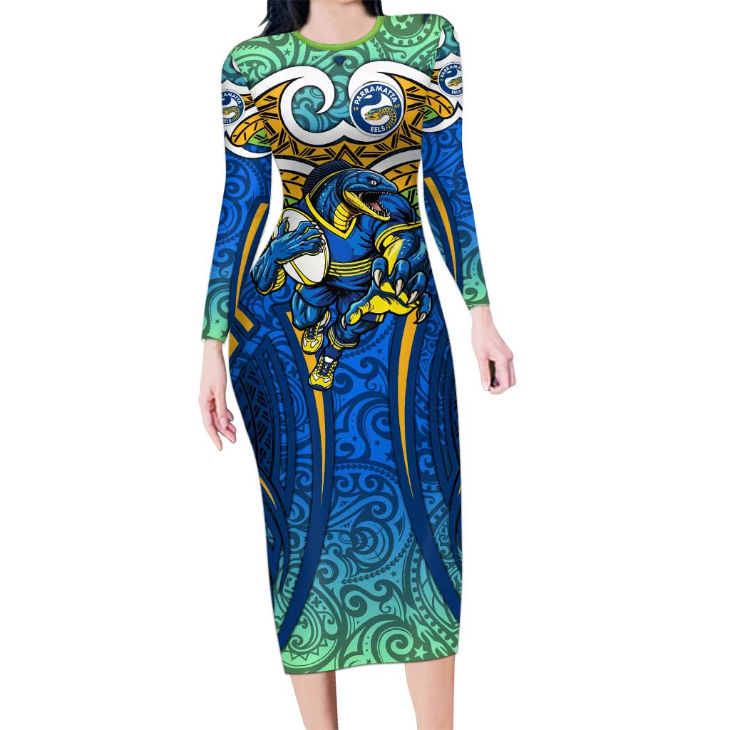Parramatta Eels Rugby Long Sleeve Bodycon Dress Polynesian Tribal Eel Warrior Blue Gold Pattern
