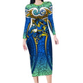 Parramatta Eels Rugby Long Sleeve Bodycon Dress Polynesian Tribal Eel Warrior Blue Gold Pattern