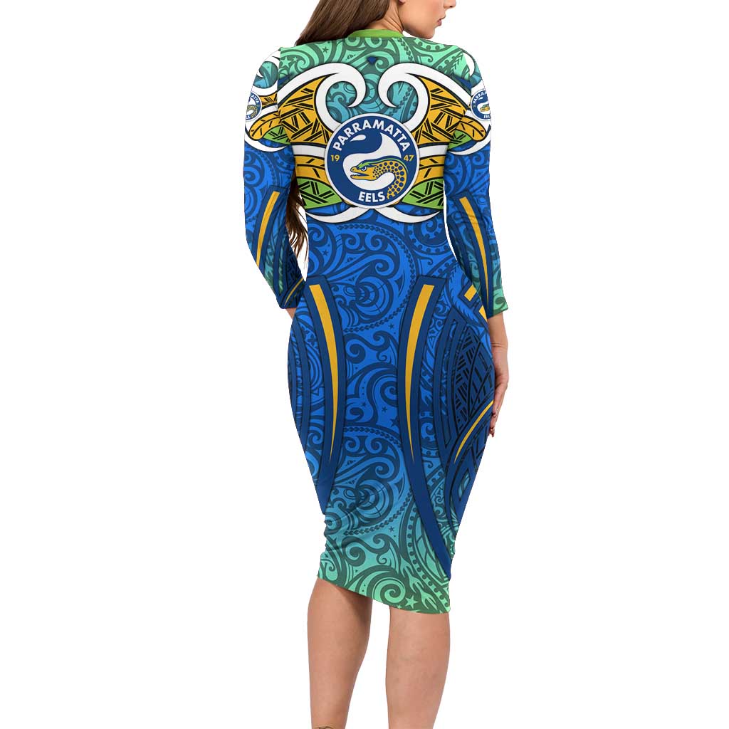 Parramatta Eels Rugby Long Sleeve Bodycon Dress Polynesian Tribal Eel Warrior Blue Gold Pattern