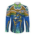 Parramatta Eels Rugby Long Sleeve Button Shirt Polynesian Tribal Eel Warrior Blue Gold Pattern