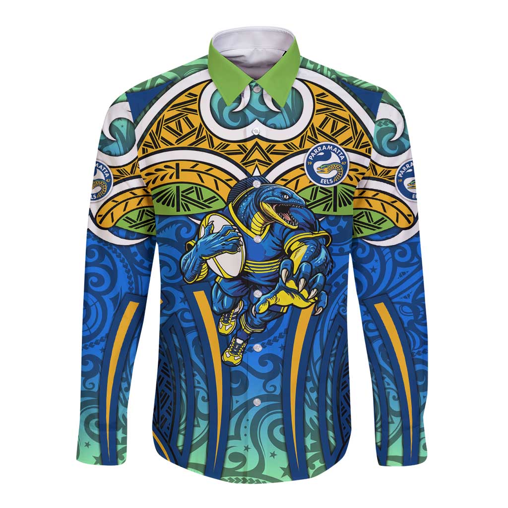 Parramatta Eels Rugby Long Sleeve Button Shirt Polynesian Tribal Eel Warrior Blue Gold Pattern