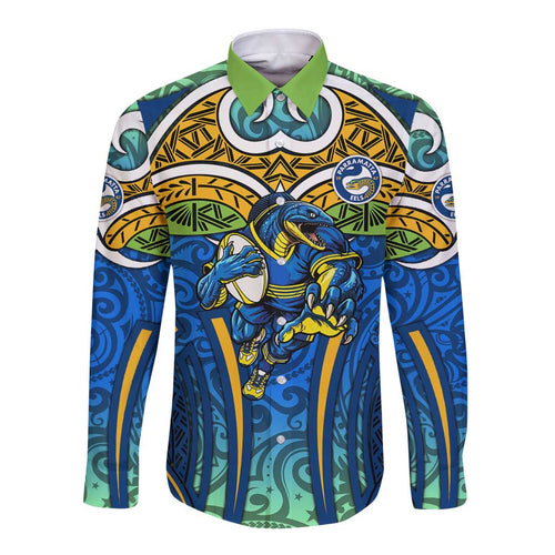 Parramatta Eels Rugby Long Sleeve Button Shirt Polynesian Tribal Eel Warrior Blue Gold Pattern