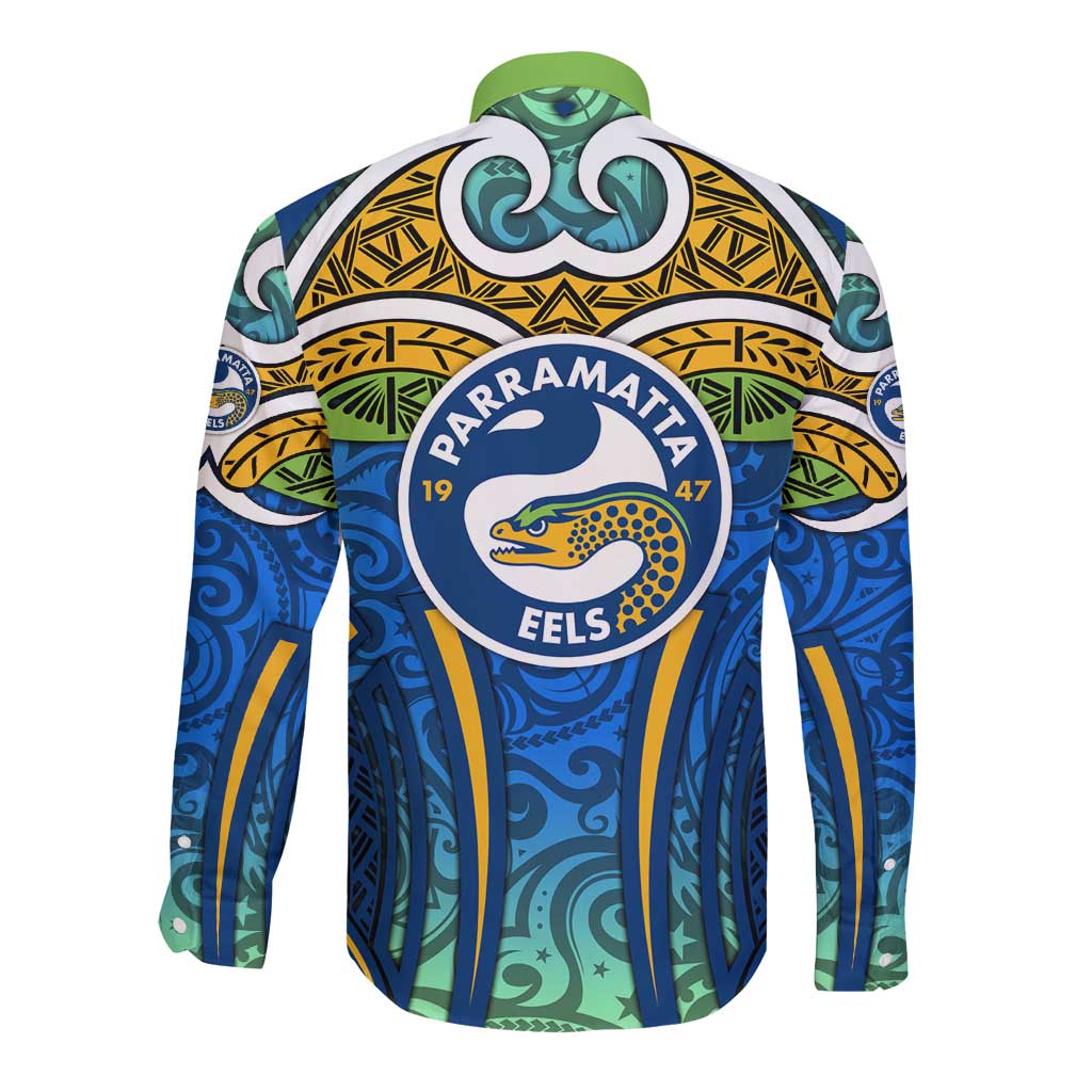 Parramatta Eels Rugby Long Sleeve Button Shirt Polynesian Tribal Eel Warrior Blue Gold Pattern