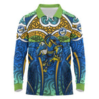 Parramatta Eels Rugby Long Sleeve Polo Shirt Polynesian Tribal Eel Warrior Blue Gold Pattern