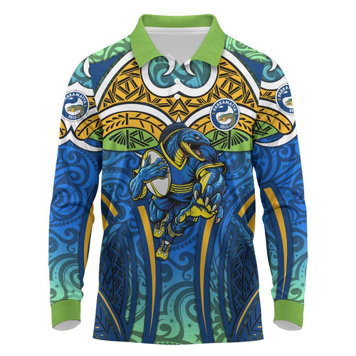 Parramatta Eels Rugby Long Sleeve Polo Shirt Polynesian Tribal Eel Warrior Blue Gold Pattern