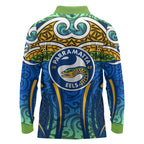 Parramatta Eels Rugby Long Sleeve Polo Shirt Polynesian Tribal Eel Warrior Blue Gold Pattern