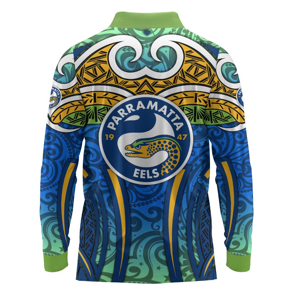Parramatta Eels Rugby Long Sleeve Polo Shirt Polynesian Tribal Eel Warrior Blue Gold Pattern