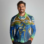 Parramatta Eels Rugby Long Sleeve Polo Shirt Polynesian Tribal Eel Warrior Blue Gold Pattern