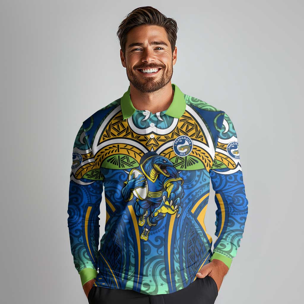 Parramatta Eels Rugby Long Sleeve Polo Shirt Polynesian Tribal Eel Warrior Blue Gold Pattern