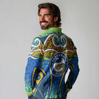 Parramatta Eels Rugby Long Sleeve Polo Shirt Polynesian Tribal Eel Warrior Blue Gold Pattern