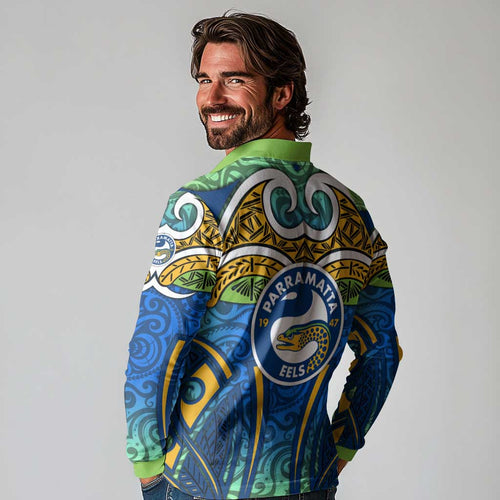 Parramatta Eels Rugby Long Sleeve Polo Shirt Polynesian Tribal Eel Warrior Blue Gold Pattern