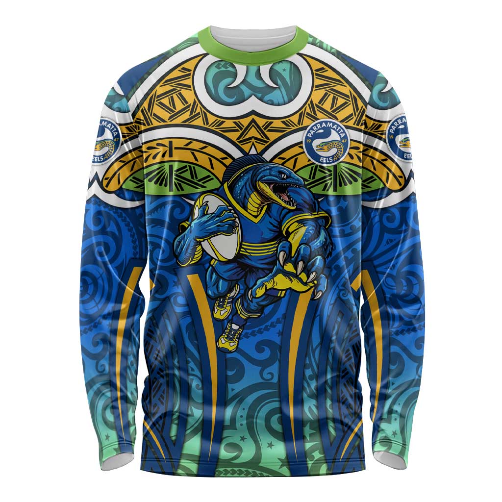 Parramatta Eels Rugby Long Sleeve Shirt Polynesian Tribal Eel Warrior Blue Gold Pattern