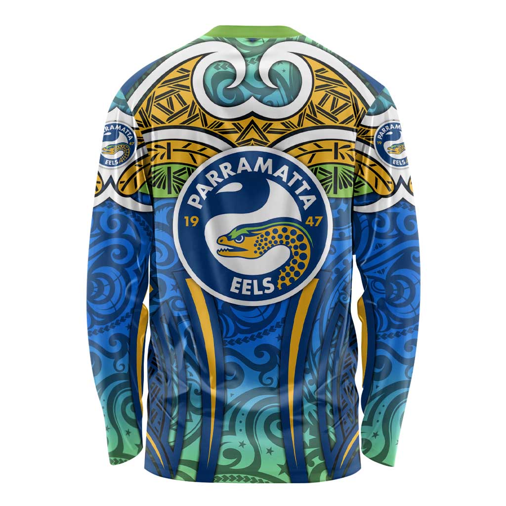 Parramatta Eels Rugby Long Sleeve Shirt Polynesian Tribal Eel Warrior Blue Gold Pattern