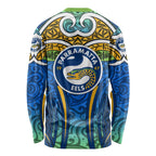 Parramatta Eels Rugby Long Sleeve Shirt Polynesian Tribal Eel Warrior Blue Gold Pattern