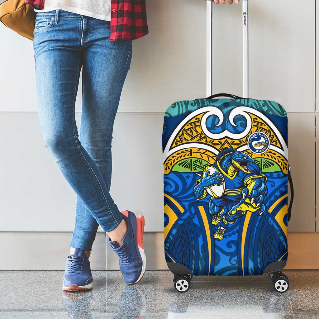 Parramatta Eels Rugby Luggage Cover Polynesian Tribal Eel Warrior Blue Gold Pattern