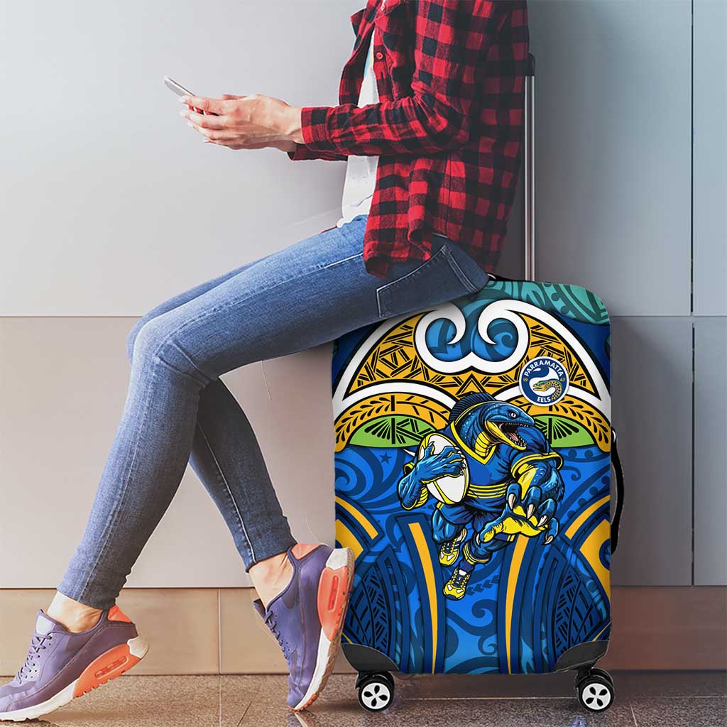 Parramatta Eels Rugby Luggage Cover Polynesian Tribal Eel Warrior Blue Gold Pattern