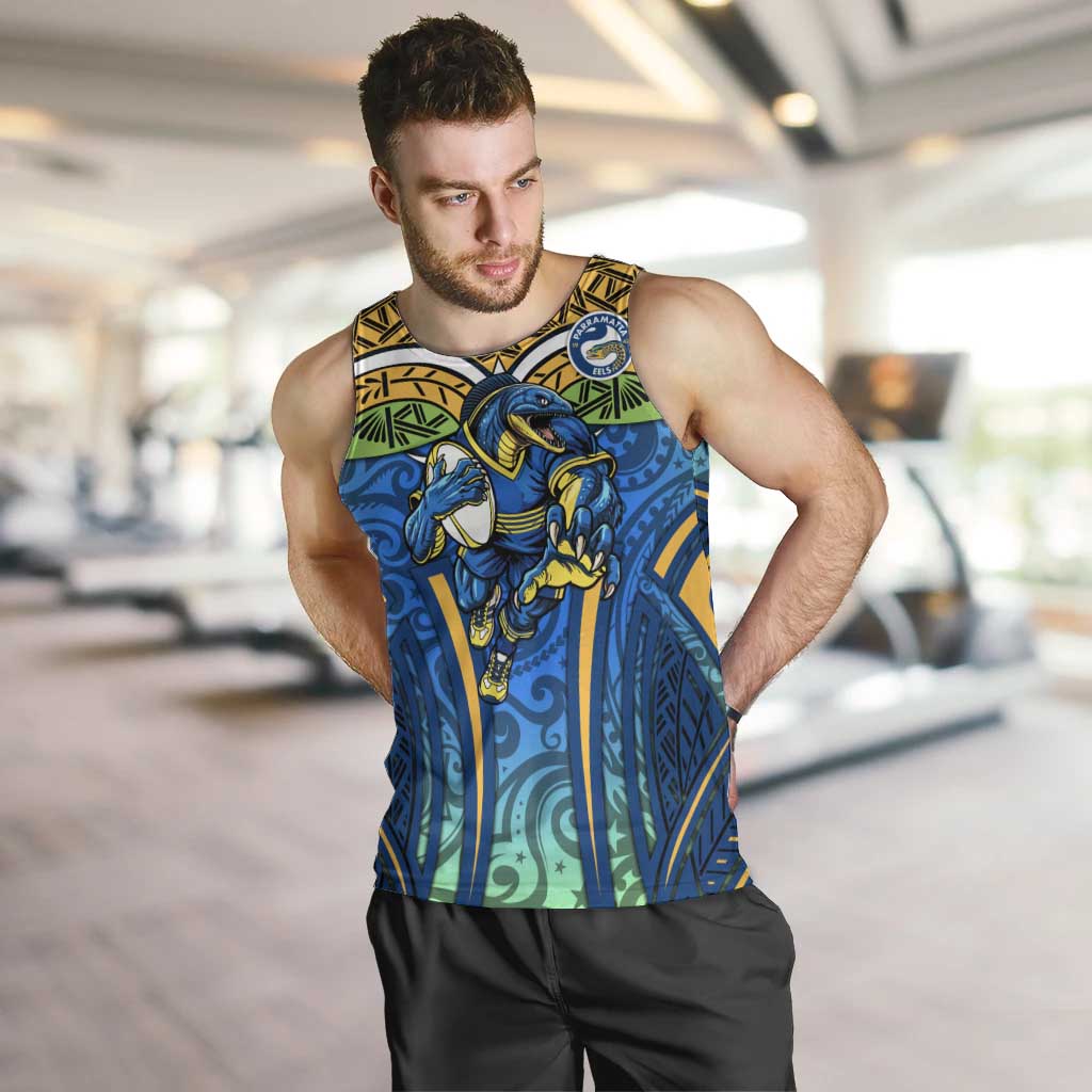 Parramatta Eels Rugby Men Tank Top Polynesian Tribal Eel Warrior Blue Gold Pattern