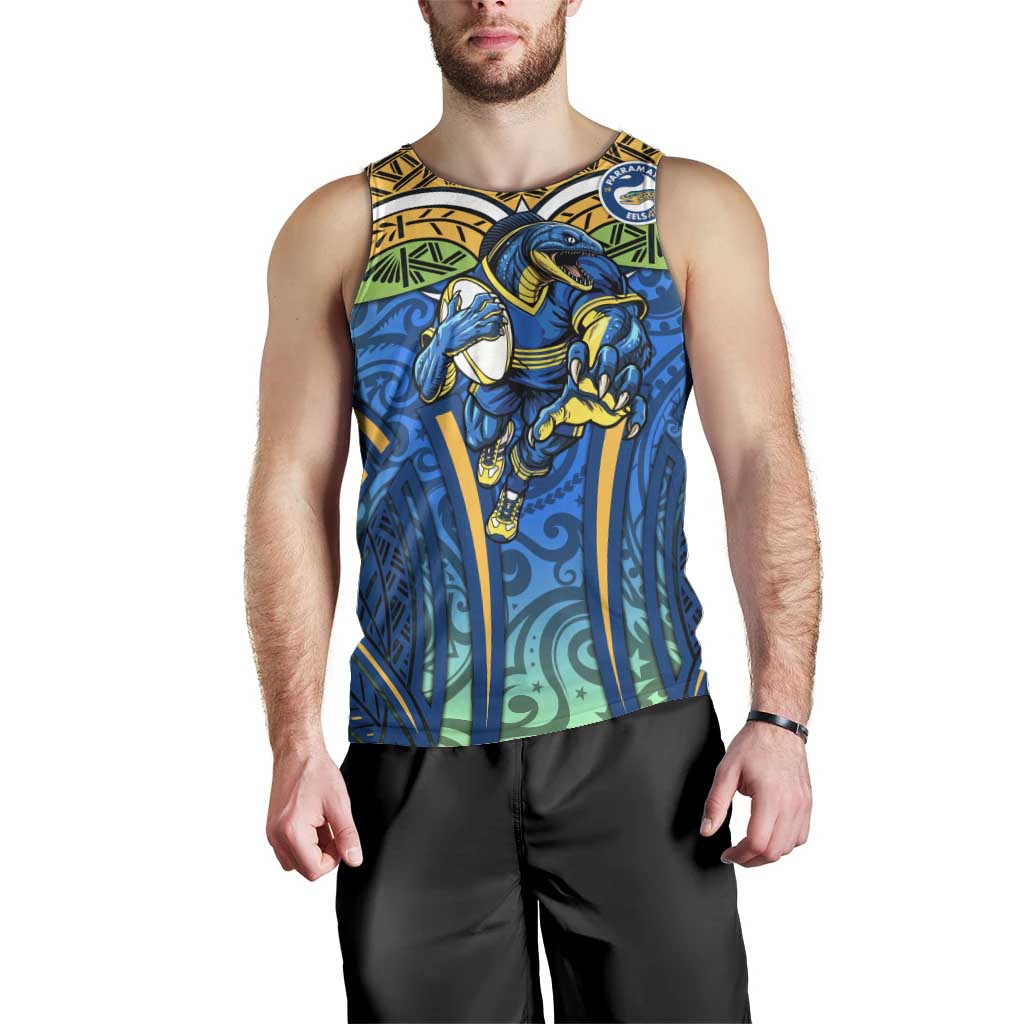 Parramatta Eels Rugby Men Tank Top Polynesian Tribal Eel Warrior Blue Gold Pattern
