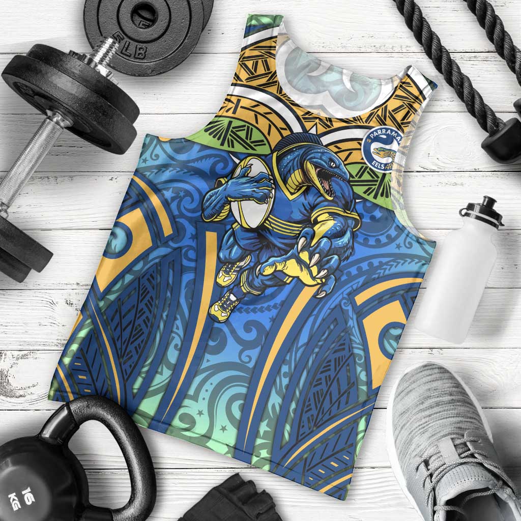 Parramatta Eels Rugby Men Tank Top Polynesian Tribal Eel Warrior Blue Gold Pattern