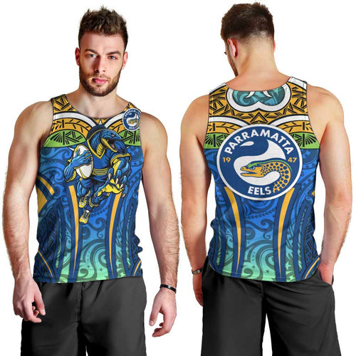 Parramatta Eels Rugby Men Tank Top Polynesian Tribal Eel Warrior Blue Gold Pattern