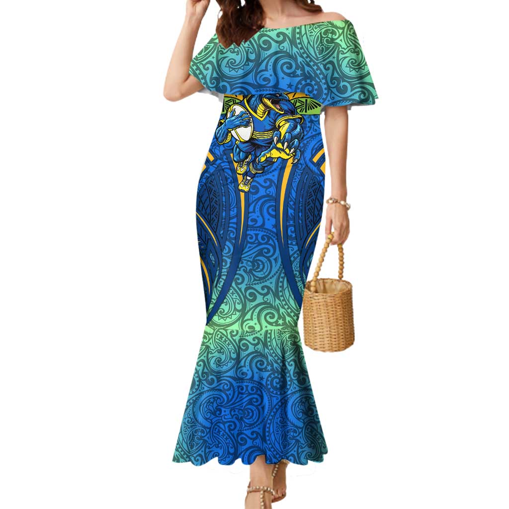 Parramatta Eels Rugby Mermaid Dress Polynesian Tribal Eel Warrior Blue Gold Pattern