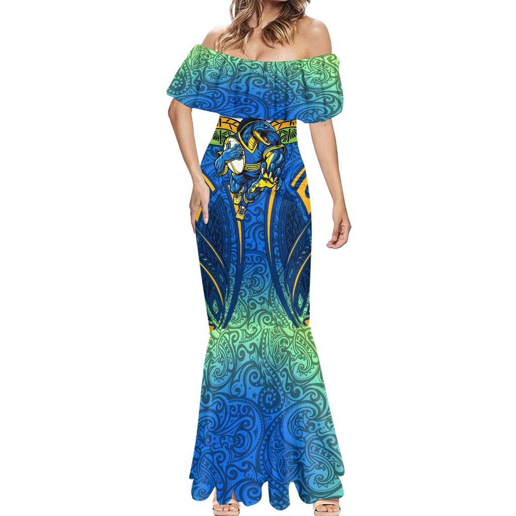 Parramatta Eels Rugby Mermaid Dress Polynesian Tribal Eel Warrior Blue Gold Pattern