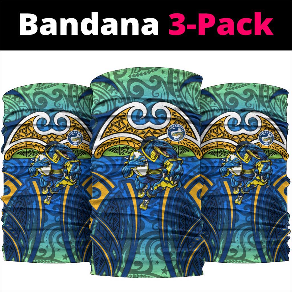 Parramatta Eels Rugby Neck Gaiter Polynesian Tribal Eel Warrior Blue Gold Pattern