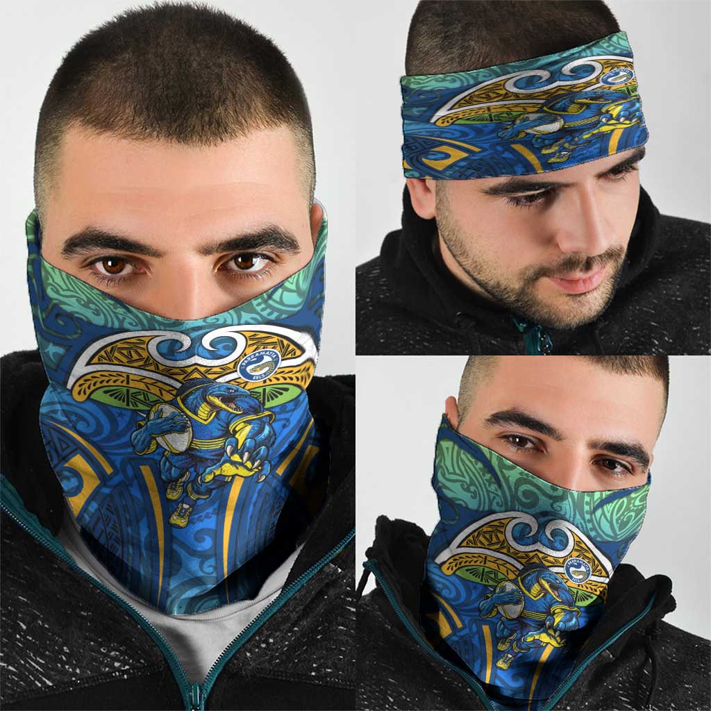 Parramatta Eels Rugby Neck Gaiter Polynesian Tribal Eel Warrior Blue Gold Pattern