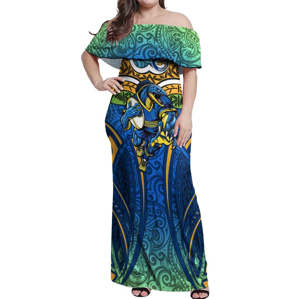 Parramatta Eels Rugby Off Shoulder Maxi Dress Polynesian Tribal Eel Warrior Blue Gold Pattern