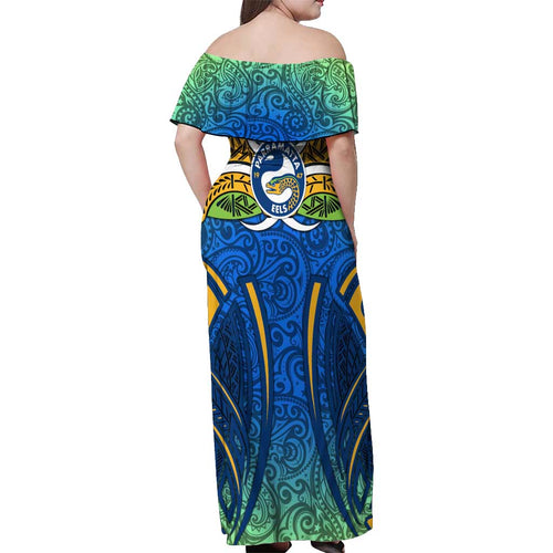 Parramatta Eels Rugby Off Shoulder Maxi Dress Polynesian Tribal Eel Warrior Blue Gold Pattern