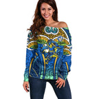Parramatta Eels Rugby Off Shoulder Sweater Polynesian Tribal Eel Warrior Blue Gold Pattern