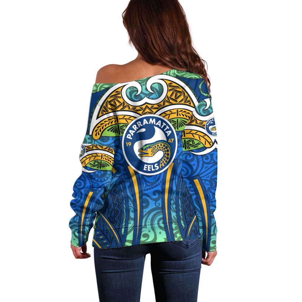 Parramatta Eels Rugby Off Shoulder Sweater Polynesian Tribal Eel Warrior Blue Gold Pattern