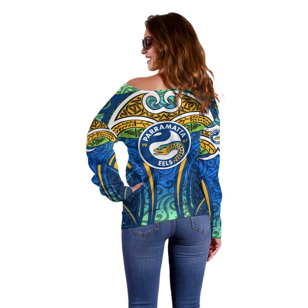 Parramatta Eels Rugby Off Shoulder Sweater Polynesian Tribal Eel Warrior Blue Gold Pattern
