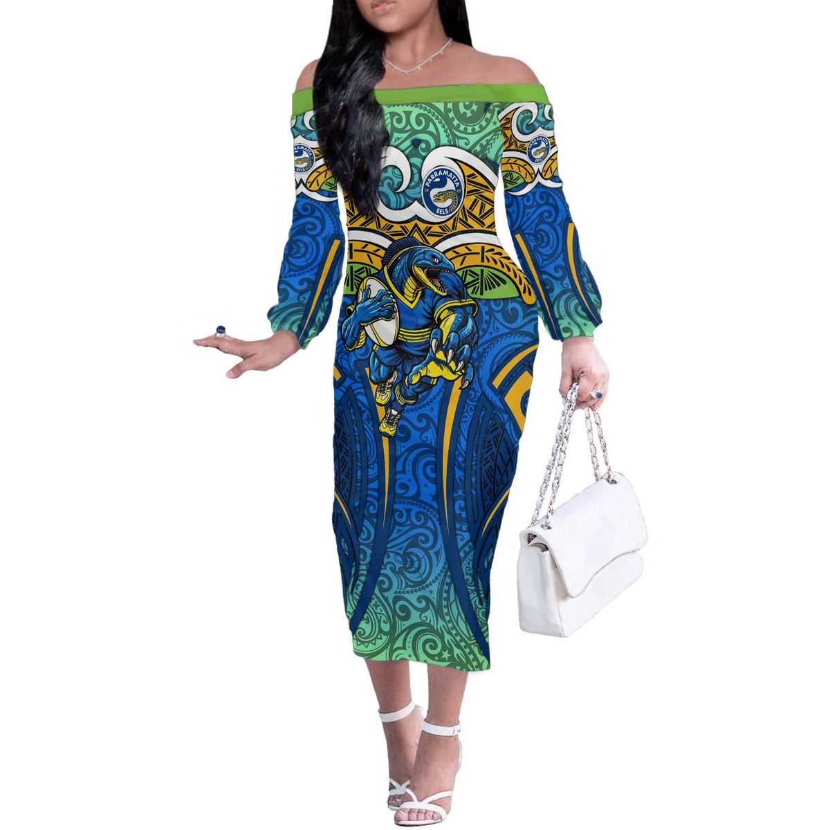 Parramatta Eels Rugby Off The Shoulder Long Sleeve Dress Polynesian Tribal Eel Warrior Blue Gold Pattern
