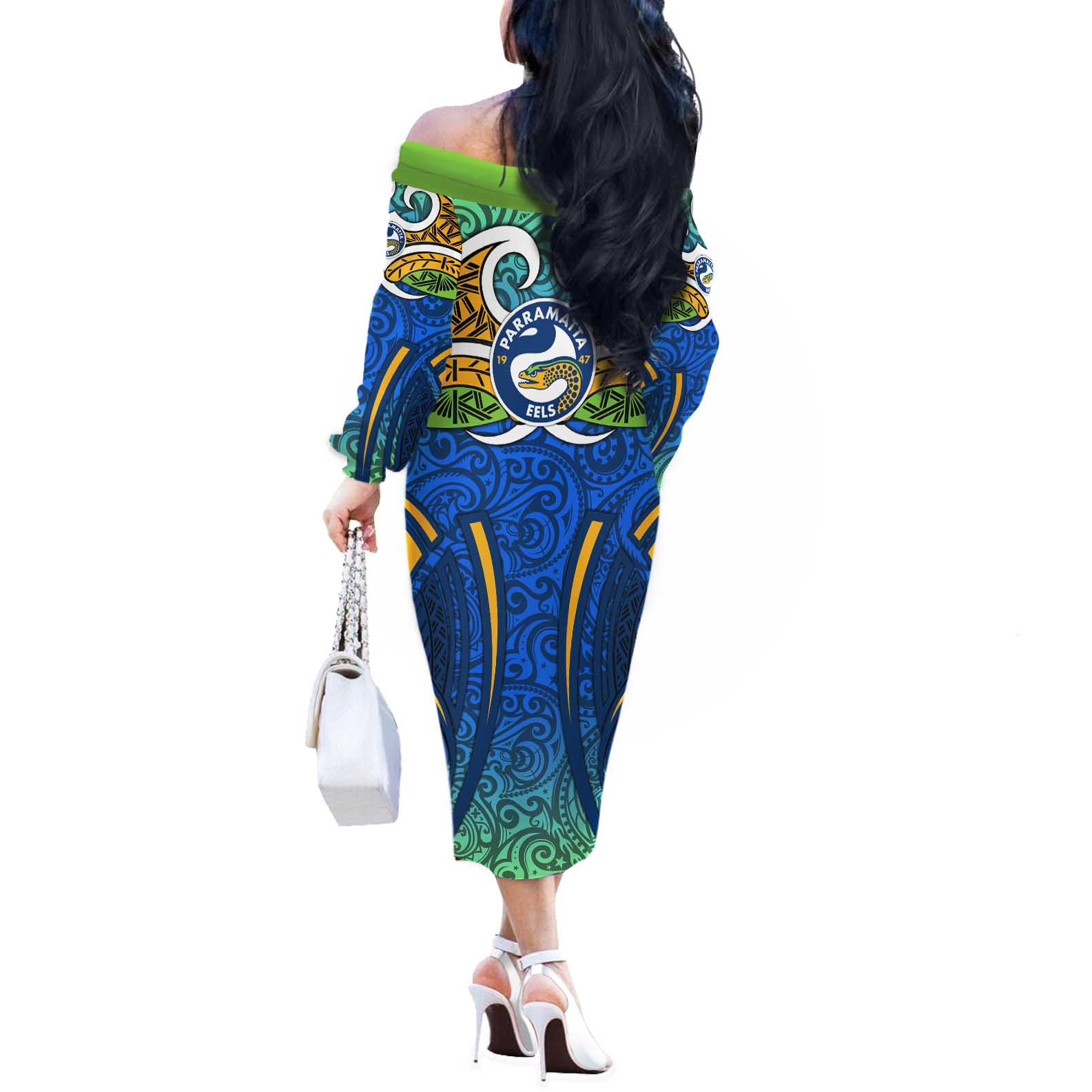 Parramatta Eels Rugby Off The Shoulder Long Sleeve Dress Polynesian Tribal Eel Warrior Blue Gold Pattern