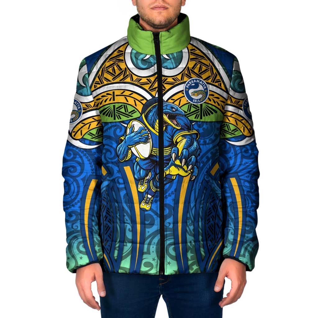 Parramatta Eels Rugby Padded Jacket Polynesian Tribal Eel Warrior Blue Gold Pattern