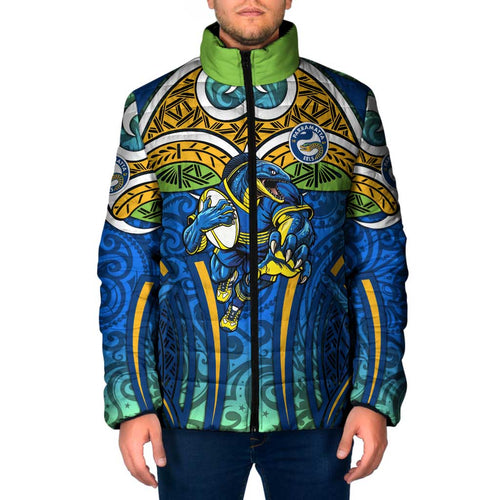 Parramatta Eels Rugby Padded Jacket Polynesian Tribal Eel Warrior Blue Gold Pattern