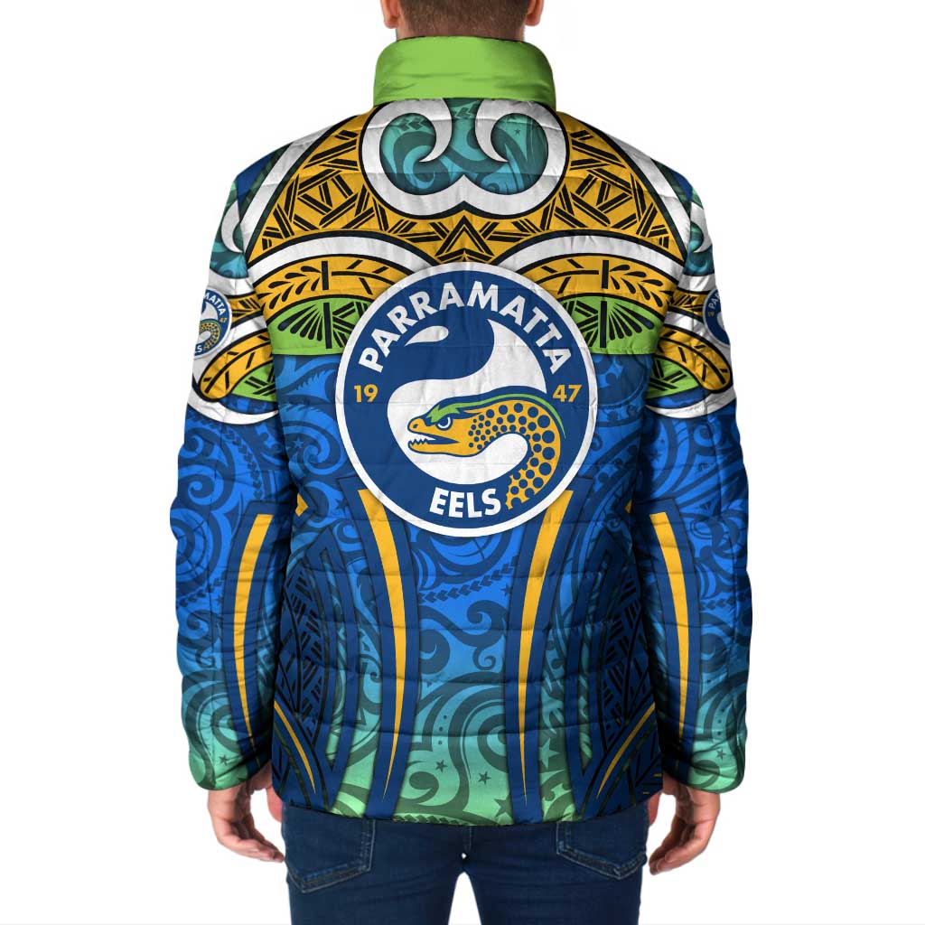 Parramatta Eels Rugby Padded Jacket Polynesian Tribal Eel Warrior Blue Gold Pattern