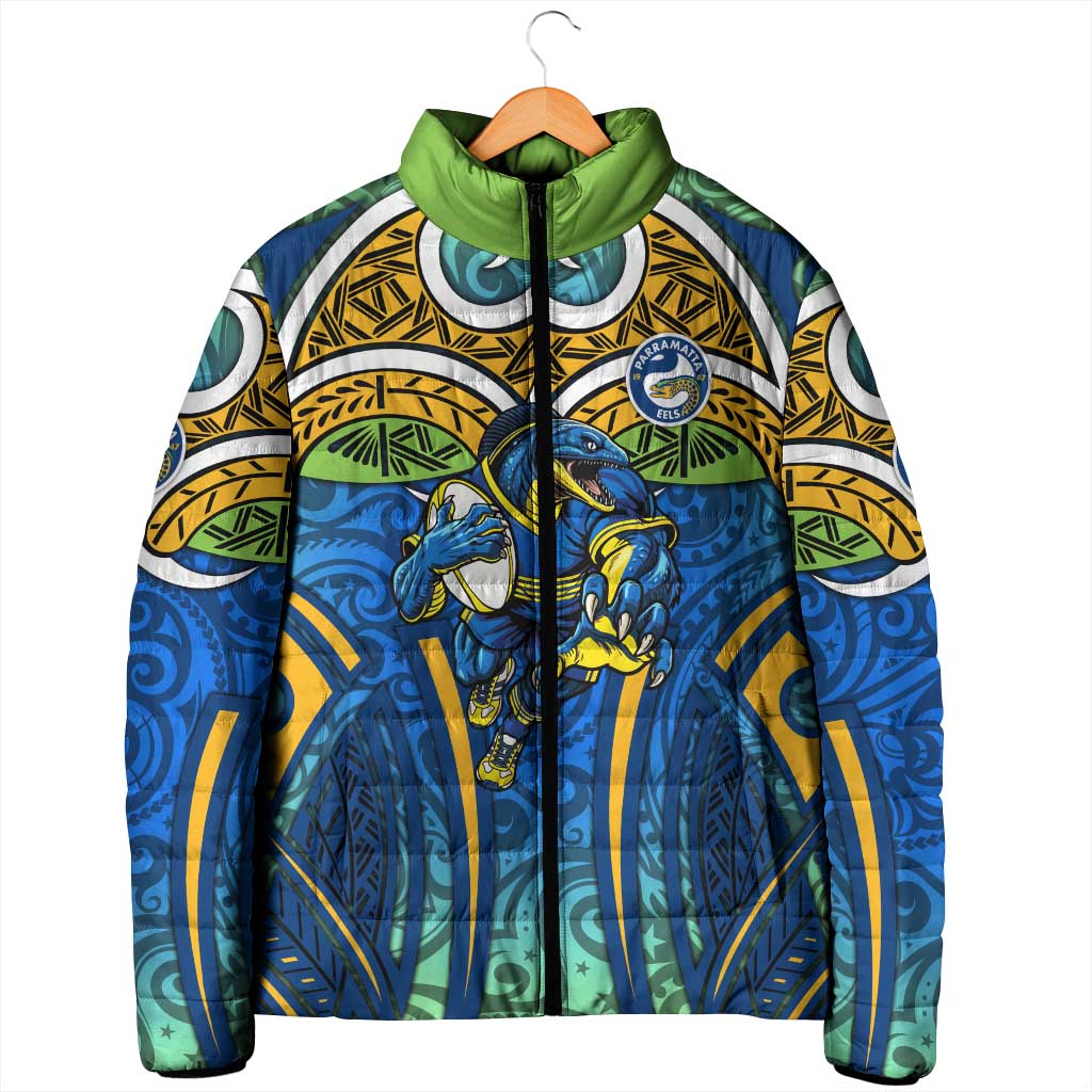 Parramatta Eels Rugby Padded Jacket Polynesian Tribal Eel Warrior Blue Gold Pattern