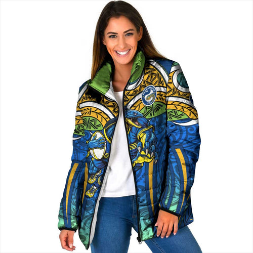 Parramatta Eels Rugby Padded Jacket Polynesian Tribal Eel Warrior Blue Gold Pattern