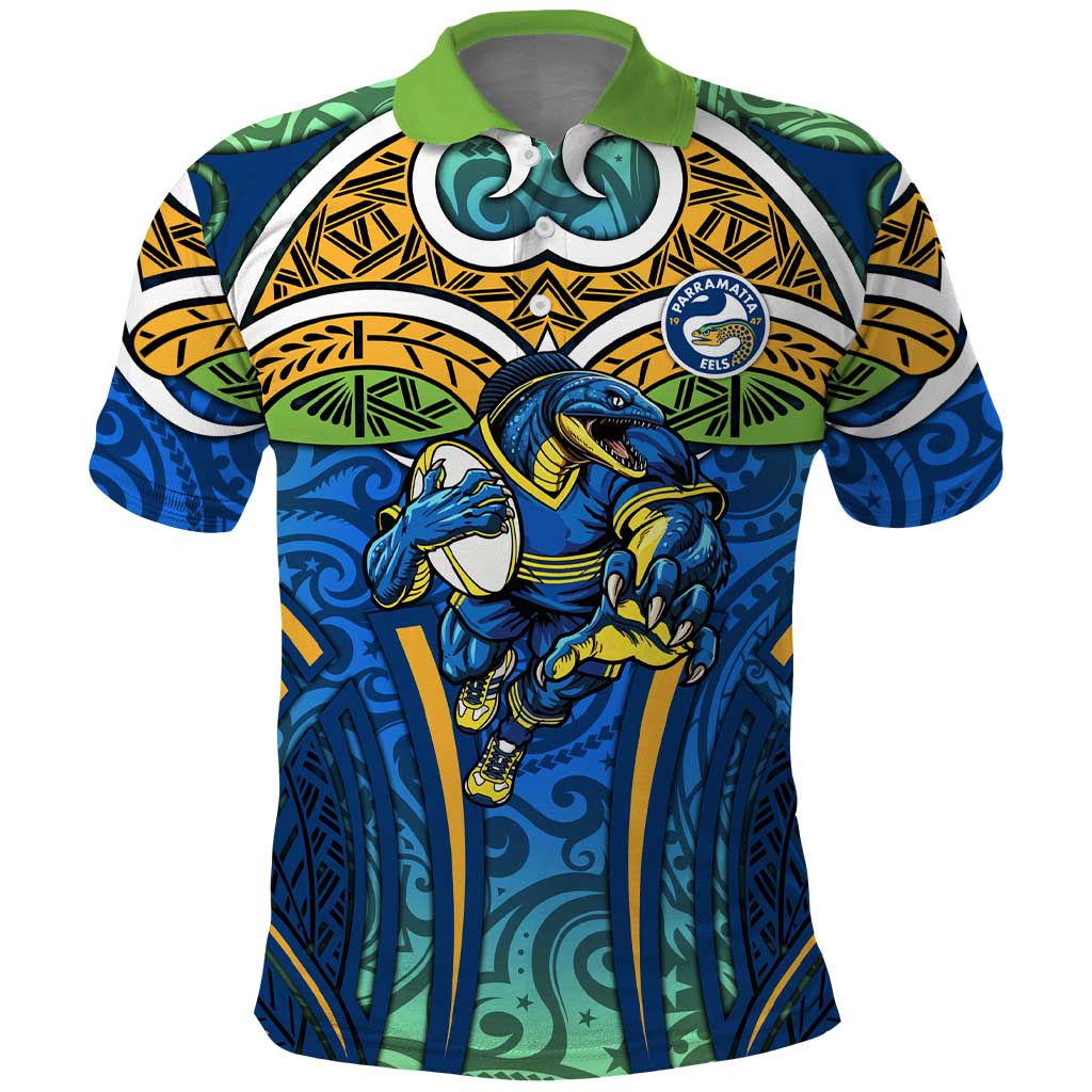 Parramatta Eels Rugby Polo Shirt Polynesian Tribal Eel Warrior Blue Gold Pattern