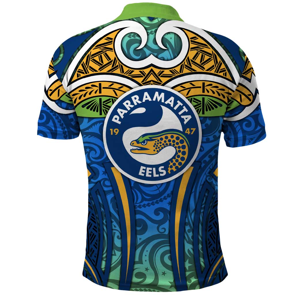 Parramatta Eels Rugby Polo Shirt Polynesian Tribal Eel Warrior Blue Gold Pattern