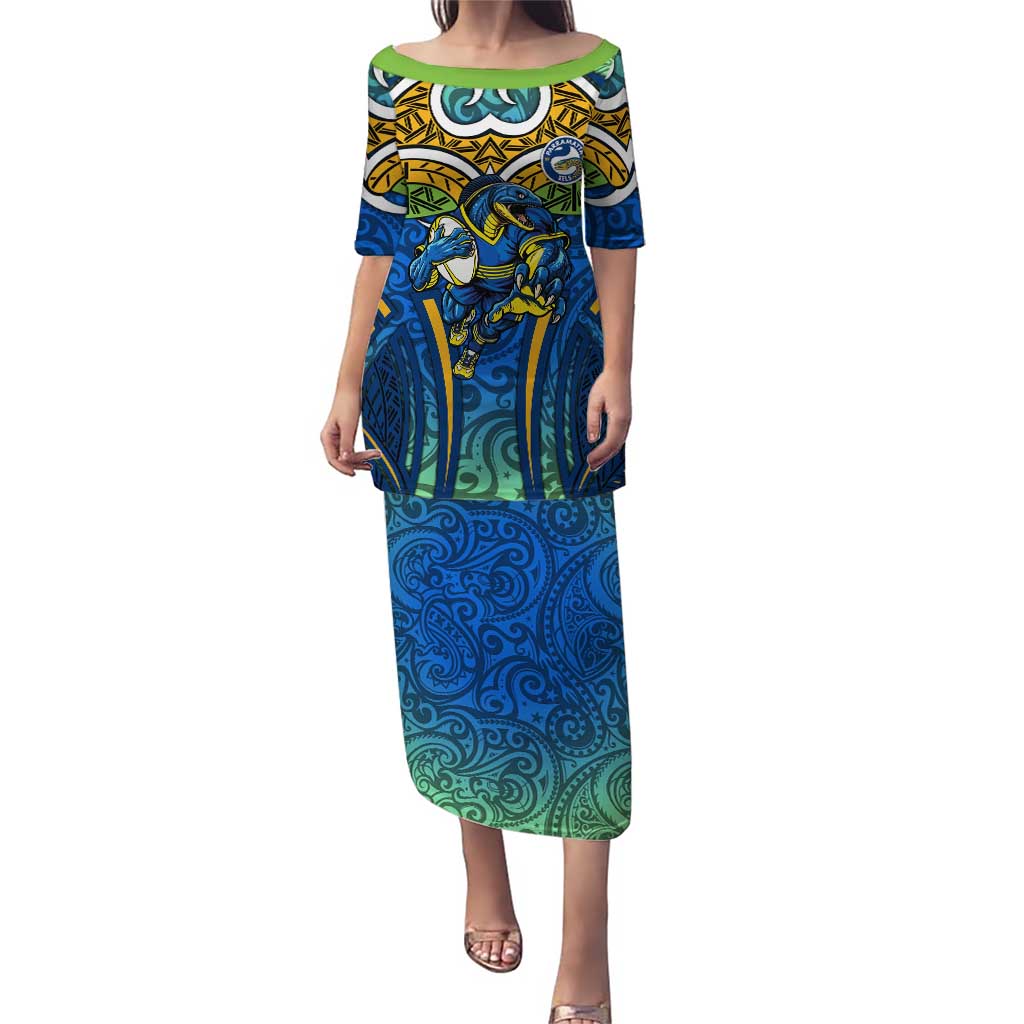 Parramatta Eels Rugby Puletasi Polynesian Tribal Eel Warrior Blue Gold Pattern