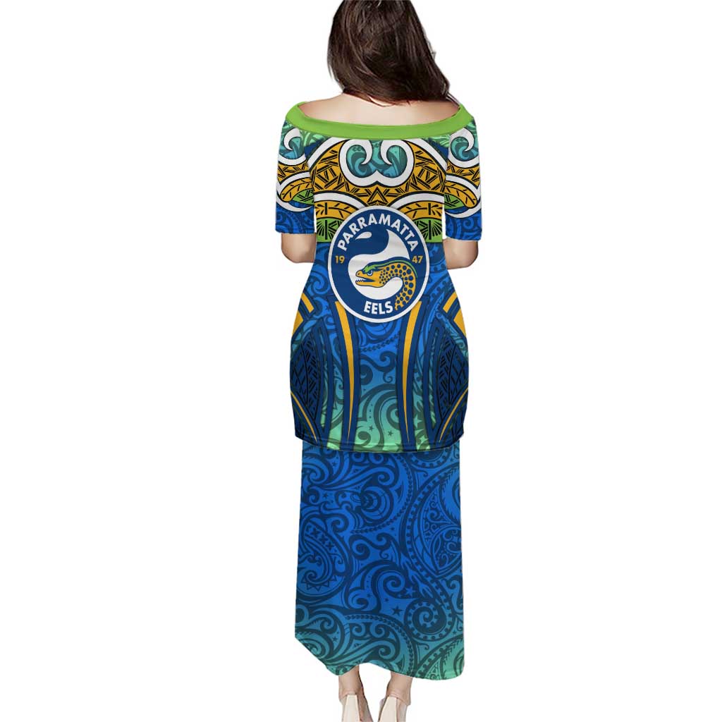 Parramatta Eels Rugby Puletasi Polynesian Tribal Eel Warrior Blue Gold Pattern