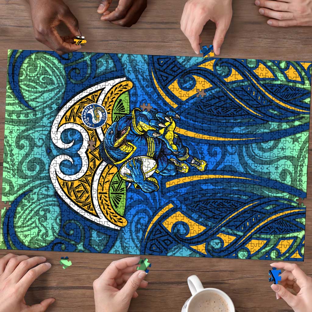 Parramatta Eels Rugby Puzzle Polynesian Tribal Eel Warrior Blue Gold Pattern
