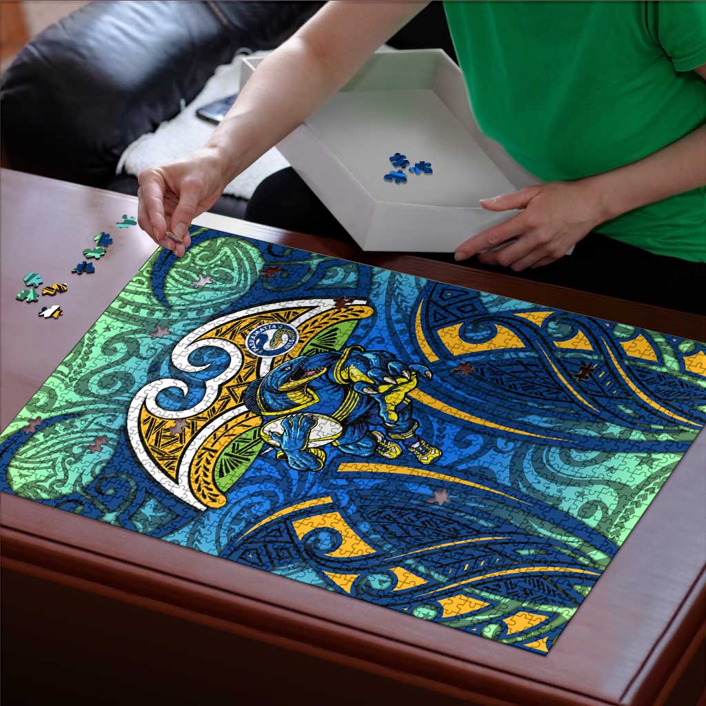 Parramatta Eels Rugby Puzzle Polynesian Tribal Eel Warrior Blue Gold Pattern
