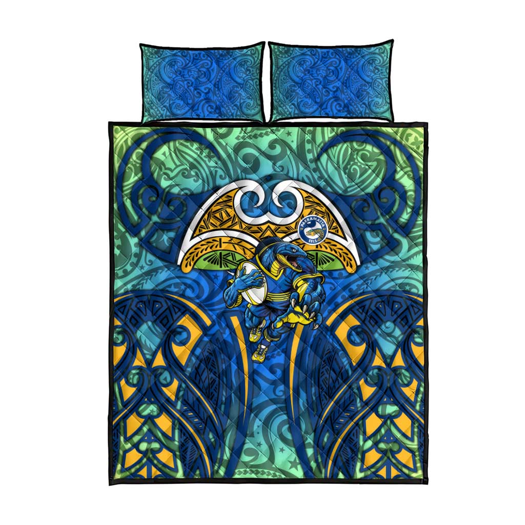 Parramatta Eels Rugby Quilt Bed Set Polynesian Tribal Eel Warrior Blue Gold Pattern