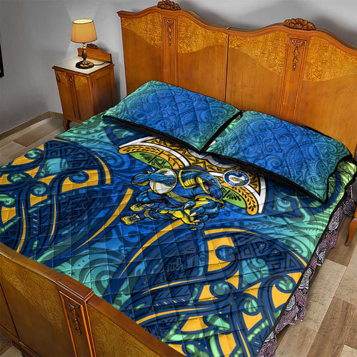 Parramatta Eels Rugby Quilt Bed Set Polynesian Tribal Eel Warrior Blue Gold Pattern