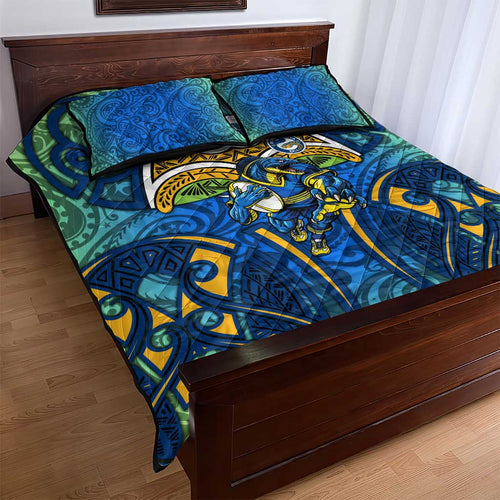 Parramatta Eels Rugby Quilt Bed Set Polynesian Tribal Eel Warrior Blue Gold Pattern