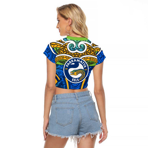 Parramatta Eels Rugby Raglan Cropped T Shirt Polynesian Tribal Eel Warrior Blue Gold Pattern